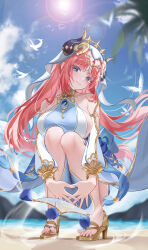Rule 34 | 1girl, absurdres, alternate breast size, aqua eyes, armpit crease, bare shoulders, beach, bird, blue gemstone, blue nails, blue skirt, blue sky, breasts, brooch, circlet, closed mouth, collarbone, fake horns, floating hair, from below, full body, gem, genshin impact, gold footwear, gold trim, harem outfit, heart, heart-shaped pupils, high heels, highres, horns, interlocked fingers, jewelry, large breasts, lens flare, long sleeves, looking at viewer, nail polish, neck ring, nilou (genshin impact), palm tree, parted bangs, puffy long sleeves, puffy sleeves, red hair, sidelocks, skirt, sky, smile, solo, squatting, sunlight, symbol-shaped pupils, toenail polish, toenails, tree, ttkaki, turning head, white veil, wind