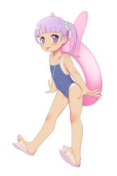 Rule 34 | 1girl, blue one-piece swimsuit, blush, child, collarbone, feet, female focus, flip-flops, highres, idol time pripara, innertube, long hair, looking at viewer, maidforge, manaka non, one-piece swimsuit, pretty series, pripara, purple eyes, purple hair, sandals, school swimsuit, scrunchie, simple background, solo, swim ring, swimsuit, tan, tongue, tongue out, twintails, white background, white footwear