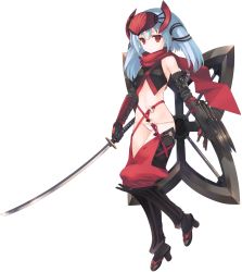 Rule 34 | 1girl, amazuyu tatsuki, aquaplus, bare shoulders, blue hair, bou (inubou), breasts, dungeon travelers 2, elbow gloves, full body, gloves, helmet, highres, holding, holding weapon, katana, long hair, ninja, official art, panties, red eyes, revealing clothes, sandals, scarf, small breasts, solo, string panties, sword, tabi, thighhighs, transparent background, tsurara (dungeon travelers 2), underwear, weapon