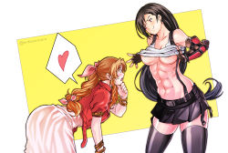 Rule 34 | 2girls, abs, aerith gainsborough, areola slip, asymmetrical bangs, bare shoulders, black gloves, black hair, black skirt, black thighhighs, bracelet, braid, braided ponytail, braided sidelock, breasts, brown hair, clothes lift, dress, earrings, elbow gloves, elbow pads, erde00, female focus, final fantasy, final fantasy vii, final fantasy vii remake, fingerless gloves, gloves, hair ribbon, head tilt, heart, highres, jacket, jewelry, large breasts, leaning forward, lifting own clothes, long hair, looking at another, low-tied long hair, midriff, miniskirt, multiple girls, navel, nipples, pink dress, pink ribbon, pleated skirt, puffy short sleeves, puffy sleeves, red jacket, ribbon, shiny skin, shirt, shirt lift, short sleeves, sidelocks, skindentation, skirt, sleeveless, sleeveless shirt, smug, speech bubble, spoken heart, stomach, suspenders, thighhighs, thighs, tifa lockhart, twitter username, very long hair, white background, white shirt, yellow background, yuri, zettai ryouiki