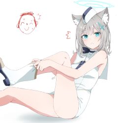 Rule 34 | 1girl, animal ears, aqua eyes, bare arms, bare legs, blue archive, blue necktie, bright pupils, cropped legs, cross hair ornament, doodle sensei (blue archive), dress, ev (dai00888), grey hair, hair ornament, hairclip, halo, hat, highres, looking at viewer, necktie, putting on boots, sailor, sailor hat, sensei (blue archive), shiroko (blue archive), sidelocks, signature, sitting, sweatdrop, white background, white dress, white footwear, white pupils
