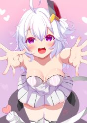 Rule 34 | 1girl, absurdres, ahoge, azur lane, blush, breasts, dress, hair between eyes, heart, heart-shaped pupils, highres, looking at viewer, medium breasts, medium hair, open mouth, origami aya, purple background, purple eyes, reaching, reaching towards viewer, signature, simple background, smile, solo, symbol-shaped pupils, thighhighs, universal bulin (azur lane), white dress, white hair, white thighhighs