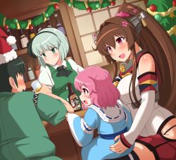 Rule 34 | 10s, 1boy, 3girls, artist self-insert, bad id, bad pixiv id, blue eyes, blush, breasts, brown hair, child, christmas, christmas tree, crossover, detached sleeves, dutch angle, hairband, hat, indoors, jewelry, kantai collection, ko-yuyuko (shin&#039;en), konpaku youmu, large breasts, long hair, miniskirt, multiple girls, open mouth, pink hair, ponytail, red eyes, revision, ring, santa hat, shin&#039;en-san (shin&#039;en), shin&#039;en (gyokuro company), short hair, silver hair, skirt, smile, touhou, wedding band, yamato (kancolle), aged down