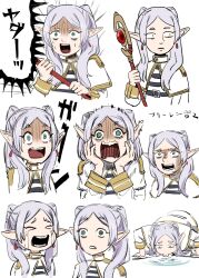 Rule 34 | &gt; &lt;, 1girl, 4shi, capelet, commentary request, crying, drinking, dungeon meshi, earrings, frieren, green eyes, grey hair, highres, holding, holding scepter, jewelry, parody, pointy ears, scared, scepter, shirt, sousou no frieren, streaming tears, striped clothes, striped shirt, tears, translation request, twintails, white capelet