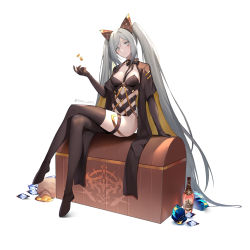 Rule 34 | 1girl, 2r- (pixiv8168114), absurdres, alchemy stars, asymmetrical clothes, black gloves, boots, bottle, breasts, cape, closed mouth, coin, crossed legs, elbow gloves, gem, gloves, grey eyes, grey hair, highres, long hair, looking at viewer, pouch, scar, scar across eye, sidelocks, simple background, single pantsleg, single thigh boot, sitting, slit pupils, small breasts, smile, smokey (alchemy stars), smokey (imprisonment of greed) (alchemy stars), thigh boots, treasure chest, twintails, twitter username, very long hair, white background, wine bottle