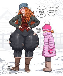 Rule 34 | 2girls, annoyed, beanie, blush, breasts, child, coat, english text, facing viewer, farm girl, fellatrix, flannel, hands on own hips, hat, highres, knit hat, looking to the side, mary lou (fellatrix), medium breasts, messy hair, mittens, multiple girls, orange hair, outdoors, pants, ponytail, snow, suzieq (fellatrix), thick thighs, thighs, torn clothes, torn pants, wide hips
