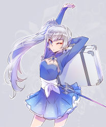Rule 34 | 1girl, arm behind head, arms up, blue dress, blue eyes, briefcase, brooch, dress, earrings, grey background, hair ornament, highres, holding, holding briefcase, iesupa, jewelry, long hair, myrtenaster, no scar, one eye closed, ponytail, rapier, rwby, sash, scar, scar across eye, scar on face, short dress, side ponytail, solo, suitcase, sword, tiara, weapon, weiss schnee, white hair