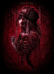 Rule 34 | 1girl, amputee, baseball cap, black background, black hair, blood, chain, commentary, ear piercing, english commentary, english text, guro, hat, intestines, long hair, looking at viewer, original, piercing, red eyes, red theme, ribs, solo, spine, teeth, torn skin, yu-ki iwata