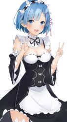 Rule 34 | 1girl, black dress, black hairband, black thighhighs, blue eyes, blue hair, blush, breasts, cleavage, cleavage cutout, clothing cutout, commentary request, cowboy shot, detached sleeves, double v, dress, female focus, hair ornament, hair ribbon, hairband, high collar, highres, inanami, looking at viewer, maid, matching hair/eyes, medium breasts, medium hair, neck ribbon, open mouth, pink ribbon, re:zero kara hajimeru isekai seikatsu, rem (re:zero), ribbon, short dress, short hair, smile, solo, standing, thighhighs, v, white background, white thighhighs, x hair ornament