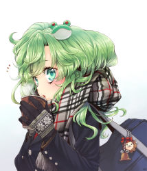 Rule 34 | 1girl, alternate costume, bag, blush, close-up, coat, coffee, contemporary, cup, drink, enpera, female focus, gloves, green eyes, green hair, highres, charm (object), kochiya sanae, lips, long hair, looking at viewer, matching hair/eyes, namisaki yuka, pyonta, scarf, simple background, solo, touhou, upper body, winter clothes