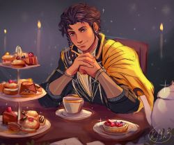 Rule 34 | 1boy, artist name, black shirt, braid, brown hair, cake, candle, cape, claude von riegan, closed mouth, cup, cupcake, dessert, earrings, fire, fire emblem, fire emblem: three houses, food, fruit, green eyes, hands up, happy, highres, jewelry, kay (kf1n3), long sleeves, looking to the side, macaron, male focus, nintendo, own hands together, plate, shirt, short hair, signature, sketch, slice of cake, smile, solo, sparkle, strawberry, table, teacup, teapot, tiered tray, upper body, yellow cape