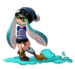 Rule 34 | 1girl, beanie, bike shorts, black hat, black shorts, blue hair, blush, brown footwear, closed mouth, clothes writing, eyebrows, facing viewer, full body, green eyes, green pupils, hat, holding, inkbrush (splatoon), inkling, inkling (language), inkling girl, inkling player character, long hair, long sleeves, looking away, looking to the side, multicolored shirt, nintendo, paint, paintbrush, pom pom (clothes), shirt, shoes, shorts, simple background, solo, splatoon (series), splatoon 1, standing, striped clothes, striped shirt, suction cups, sunagimo (nagimo), white background