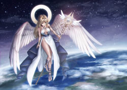 Rule 34 | 1girl, armlet, blonde hair, breasts, earth (planet), feathered wings, full body, hair ornament, halo, highres, holding, holding staff, long hair, looking down, medium breasts, natto0123, original, planet, pointy ears, solo, space, staff, star (sky), white wings, wings