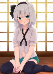 Rule 34 | 1girl, :o, aqua eyes, aqua shorts, backlighting, black hairband, black ribbon, black thighhighs, blush, breasts, collarbone, collared shirt, commentary request, dress shirt, firepo, hairband, highres, indoors, konpaku youmu, looking at viewer, navel, neck ribbon, no shoes, parted lips, partially unbuttoned, ribbon, shirt, short hair, short shorts, short sleeves, shorts, silver hair, sitting, small breasts, solo, thighhighs, touhou, wariza, white shirt