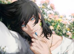 Rule 34 | 1boy, black hair, blue eyes, blue gemstone, blue hair, blurry, blurry background, blurry foreground, collarbone, crossed bangs, dated, depth of field, earrings, expressionless, foliage, foreshortening, gem, green gemstone, hair between eyes, hair over one eye, hand up, holding, holding jewelry, holding necklace, howl (howl no ugoku shiro), howl no ugoku shiro, jewelry, leaf, looking at viewer, lying, medium hair, multicolored hair, necklace, on side, outdoors, pendant, shirt, sidelocks, signature, sky, solo, srro yo, streaked hair, toned, toned male, tree, twitter username, white shirt