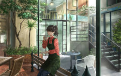 Rule 34 | 1girl, apron, bad id, bad pixiv id, black hair, blouse, blush, cafe, chair, coffee cup, cup, disposable cup, green apron, highres, holding, holding cup, holding plate, k ryo, looking at viewer, on railing, original, outdoors, pink shirt, plant, plate, railing, saucer, shirt, short hair, short ponytail, sitting, smile, solo, table, yellow eyes