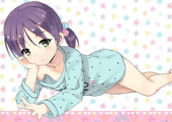 Rule 34 | 1girl, bare legs, barefoot, blush, closed mouth, collarbone, green eyes, hair bobbles, hair ornament, hand on own cheek, hand on own face, jiji (aardvark), long sleeves, looking at viewer, lying, on stomach, original, purple hair, side ponytail, simple background, smile, solo, star (symbol), star print, twintails