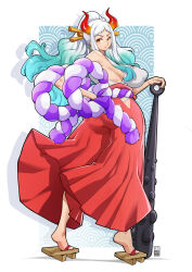 Rule 34 | 1girl, ass, bare shoulders, bayeuxman, blue background, blue hair, border, breasts, closed mouth, club (weapon), covered erect nipples, from behind, full body, geta, gradient hair, hand on own hip, horns, large breasts, long hair, long skirt, looking back, multicolored hair, one piece, orange eyes, ponytail, red skirt, sideboob, skirt, sleeveless, solo, standing, tiptoes, two-tone hair, white border, white hair, yamato (one piece)