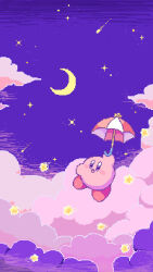 Rule 34 | ariadna balleste, arm up, blue eyes, blush stickers, cloud, colored skin, commentary, crescent moon, english commentary, floating, highres, holding, holding umbrella, kirby, kirby (series), looking up, moon, night, night sky, nintendo, no humans, open mouth, parasol, parasol kirby, pink skin, pixel art, red footwear, shoes, shooting star, sky, star (sky), star (symbol), umbrella