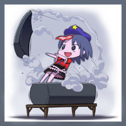 Rule 34 | 1girl, ah-negitorow, blue eyes, blue hair, coffin, drooling, expressive clothes, fang, female focus, hat, jiangshi, lid, matching hair/eyes, miyako yoshika, ofuda, open mouth, outstretched arms, pale skin, saliva, short hair, skirt, smile, smoke, solo, star (symbol), touhou, zombie pose