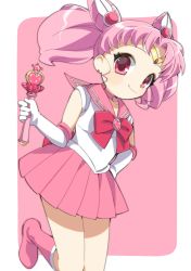 Rule 34 | 1990s (style), 1girl, bad id, bad pixiv id, bishoujo senshi sailor moon, bishoujo senshi sailor moon s, bow, brooch, chibi usa, child, choker, circlet, cone hair bun, double bun, earrings, elbow gloves, gloves, hair bun, hair ornament, heart, heart brooch, jewelry, leg lift, looking at viewer, pink background, pink bow, pink eyes, pink hair, pink moon stick, pink skirt, pleated skirt, retro artstyle, sailor chibi moon, sailor collar, short hair, simple background, skirt, smile, solo, stud earrings, twintails, wand, white gloves, yupachi