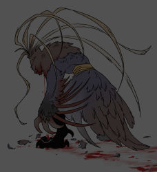 Rule 34 | 1boy, all fours, bleeding, blood, blood on clothes, feathers, from behind, grey background, kenkon no washi, li sakura, male focus, monster boy, sash, solo, standing, talons, winged arms, wings