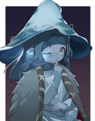 Rule 34 | 1girl, blue dress, blue hair, blue hat, blue skin, blush, border, chibi, cloak, closed mouth, coat, colored skin, commentary request, dress, elden ring, extra arms, finger to mouth, forehead, fur cloak, fur coat, fur trim, hat, highres, index finger raised, long hair, long sleeves, looking at viewer, one eye closed, outside border, ranni the witch, renna (elden ring), sakurami sumi, shushing, solo, upper body, white border, witch, witch hat, yellow eyes