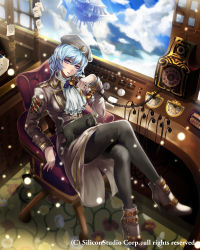 Rule 34 | 1girl, blue hair, boots, chair, cloud, company name, curly hair, day, full body, gyakushuu no fantasica, hat, high heel boots, high heels, highres, military, military uniform, official art, open mouth, pantyhose, phone, purple eyes, rinneroll, sitting, sky, solo, uniform, window