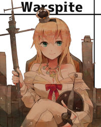 Rule 34 | 10s, 1girl, blonde hair, blue eyes, braid, breasts, character name, crown, dress, french braid, garter straps, globus cruciger, hairband, itomugi-kun, kantai collection, large breasts, crossed legs, light smile, long hair, mini crown, scepter, sitting, solo, thighhighs, throne, warspite (kancolle)