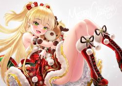 Rule 34 | 1girl, :d, artist name, blonde hair, blush, boots, bow, breasts, detached sleeves, dress, earrings, fangs, fur-trimmed boots, fur trim, green eyes, hair bow, high heel boots, high heels, idolmaster, idolmaster cinderella girls, jewelry, jougasaki rika, lips, long hair, looking at viewer, merry christmas, open mouth, pom pom (clothes), red bow, red dress, red footwear, ring, signature, simple background, small breasts, smile, snowflake earrings, snowflake print, solo, striped, striped bow, stuffed animal, stuffed reindeer, stuffed toy, two side up, yapo (croquis side)