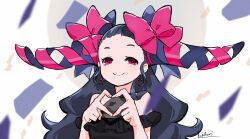 1girl black_hair bow bow_earrings earrings fake_horns floating_earring frills hair_bow hair_pulled_back heart heart_hands highres horns jewelry lace long_hair looking_at_viewer off_shoulder original pink_eyes ribbon smile solo yau5531