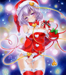 Rule 34 | 1girl, ahoge, alternate costume, artist name, at classics, blush, bow, breasts, christmas, cleavage, cowboy shot, detached collar, detached sleeves, dress, dress tug, fur trim, gift, gluteal fold, green bow, hat, head tilt, heart, heart of string, holding, holding gift, komeiji satori, long sleeves, looking at viewer, medium breasts, pom pom (clothes), purple eyes, purple hair, red bow, red dress, red thighhighs, sample watermark, santa hat, short hair, snowflakes, solo, thigh gap, thighhighs, third eye, touhou, traditional media, watermark, wide sleeves