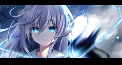 Rule 34 | 1girl, blue eyes, collarbone, commentary request, electricity, floating hair, hair between eyes, hair ornament, highres, hoshinomiya kunon, hyurasan, letterboxed, long hair, looking at viewer, open mouth, original, portrait, sailor collar, solo, star (symbol), star hair ornament, white hair, white sailor collar