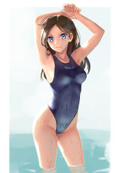 Rule 34 | 1girl, arms up, black hair, black one-piece swimsuit, blue eyes, breasts, clothes writing, collarbone, commentary request, competition swimsuit, highleg, highleg swimsuit, katahira masashi, looking at viewer, medium breasts, one-piece swimsuit, original, simple background, smile, soaking feet, solo, standing, swimsuit, wading, wet, wet clothes, wet swimsuit, white background
