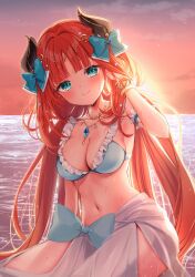 Rule 34 | 1girl, absurdres, beach, belly, bikini, blue bow, blue eyes, bow, breasts, closed mouth, fake horns, genshin impact, highres, horns, ineka ka, jewelry, long hair, medium breasts, navel, nilou (genshin impact), ocean, red hair, smile, solo, stomach, sunset, swimsuit, veil