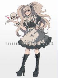 Rule 34 | 1girl, alternate costume, apron, bear hair ornament, black dress, black ribbon, blonde hair, blood, blue eyes, boots, collar, commentary, criis-chan, cross-laced footwear, cup, danganronpa: trigger happy havoc, danganronpa (series), dress, drinking glass, english commentary, enoshima junko, frilled collar, frills, full body, hair ornament, high heel boots, high heels, holding, knee boots, kneehighs, lace-up boots, long hair, maid, maid headdress, pink blood, platform footwear, puffy short sleeves, puffy sleeves, ribbon, short sleeves, skull, smile, socks, solo, standing, twintails, twitter username, waist apron, wine glass