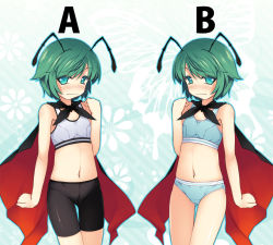 Rule 34 | 2girls, antennae, aqua eyes, bare arms, bare shoulders, bike shorts, blue bra, blue outline, blue panties, blush, bra, cape, chima q, clenched hands, comparison, dual persona, green hair, hand up, multiple girls, navel, outline, panties, pantylines, raised eyebrow, short hair, sports bra, stomach, thigh gap, touhou, underwear, wavy mouth, wriggle nightbug