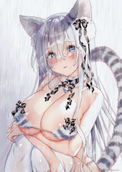 Rule 34 | 1girl, animal ears, areola slip, bell, blue eyes, blush, breasts, cat ears, cat girl, cat tail, choker, cleavage, hair ornament, highres, kamiya maneki, large breasts, long hair, looking at viewer, neck bell, original, parted lips, rain, silver hair, sitting, solo, tail, thighhighs, underboob, wet, white thighhighs