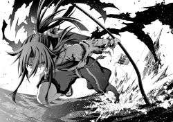Rule 34 | 1girl, akane harurou, blood, blood on clothes, blood on face, bow (weapon), closed mouth, greyscale, hachimaki, hair ribbon, headband, high ponytail, holding, holding bow (weapon), holding weapon, japanese clothes, kantai collection, long hair, long sleeves, monochrome, muneate, outdoors, ponytail, ribbon, smile, solo, torn clothes, water, weapon, zuihou (kancolle)