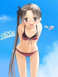 Rule 34 | 10s, 1girl, arms behind back, ayanami (kancolle), ayanami kai ni (kancolle), bikini, blush, breasts, brown eyes, brown hair, cloud, day, hair ribbon, higeno shinshi, kantai collection, leaning, leaning forward, long hair, looking at viewer, musical note, navel, open mouth, ponytail, quaver, ribbon, side ponytail, sky, small breasts, solo, spoken musical note, standing, swimsuit, translation request