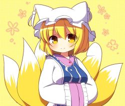 Rule 34 | 1girl, animal ears, animal hat, blonde hair, brown eyes, commentary request, dress, floral background, fox ears, fox tail, frilled sleeves, frills, hair between eyes, hands in opposite sleeves, hat, kitsune, long sleeves, looking at viewer, mob cap, rensei, solo, split mouth, tabard, tail, touhou, upper body, white dress, white hat, wide sleeves, yakumo ran