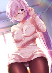 Rule 34 | 1girl, alternate costume, arm under breasts, bare shoulders, blush, breasts, cameltoe, dress, fate/grand order, fate (series), glasses, gluteal fold, hair over one eye, hand up, indoors, izumi akane, large breasts, looking at viewer, mash kyrielight, off-shoulder sweater, off shoulder, open mouth, panties, panties under pantyhose, pantyhose, pink hair, purple eyes, ribbed sweater, short hair, solo, sweater, sweater dress, underwear, white sweater