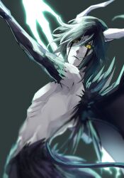 Rule 34 | 1boy, black hair, black wings, bleach, colored sclera, colored skin, energy weapon, green background, green sclera, highres, hishui prpr, holding, holding polearm, holding weapon, horns, looking at viewer, polearm, simple background, solo, ulquiorra cifer, upper body, weapon, white horns, white skin, wings, yellow eyes