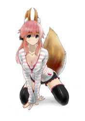 Rule 34 | 10s, 1girl, animal ears, black thighhighs, blush, breasts, cleavage, collarbone, fate/extra, fate/grand order, fate (series), fox ears, fox tail, green322, jewelry, large breasts, light smile, looking at viewer, necklace, official alternate costume, open clothes, open shirt, pink hair, shirt, simple background, solo, tail, tamamo no mae (fate/extra), tamamo no mae (spring casual) (fate), thighhighs, white background, yellow eyes
