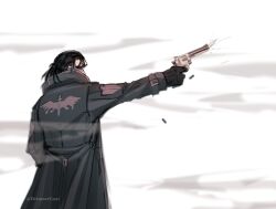 Rule 34 | 1boy, artist name, black gloves, black hair, coat, commentary, dreamergoat, english commentary, from behind, from side, gloves, gun, highres, holding, holding weapon, long sleeves, male focus, outdoors, scar, sergei dragunov, simple background, solo, standing, tekken, weapon