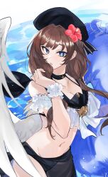Rule 34 | 1girl, :o, absurdres, alternate costume, angel wings, beret, bikini, black sarong, blue eyes, breasts, brown hair, choker, cleavage, cowboy shot, expressionless, feathered wings, floating hair, flower, frilled bikini, frills, granblue fantasy, hair flower, hair intakes, hair ornament, hand up, hat, highres, innertube, looking at viewer, low twintails, medium breasts, navel, ocean, raziel (granblue fantasy), sarong, scrunchie, see-through, see-through sarong, single wing, solo, swim ring, swimsuit, twintails, waves, white wings, wings, wrist scrunchie, yakota (usuk-yako)