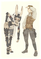 Rule 34 | 00s, 1boy, 1girl, animal ears, armor, balflear, belt, bent over, bracelet, earrings, final fantasy, final fantasy xii, fran (ff12), high heels, ivalice alliance, jewelry, leather, leather pants, pants, rabbit ears, revealing clothes, ring, shoes, simple background, vest, viera