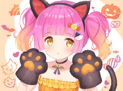 Rule 34 | 1girl, alternate hairstyle, animal ears, animal hands, animal print, artist name, artist request, bare shoulders, black choker, blush, breasts, brown eyes, candy hair ornament, candy print, cat ears, cat print, cat tail, choker, closed mouth, collarbone, dress, female focus, flat chest, food-themed hair ornament, frilled dress, frills, ghost hair ornament, gloves, hair ornament, halloween, heart, heart (symbol), heart print, looking at viewer, love live!, love live! nijigasaki high school idol club, love live! school idol festival, multicolored hair, orange dress, parted lips, paw gloves, pink hair, short hair, small breasts, smile, solo, tail, tennoji rina, twintails, upper body, yellow dress, yellow eye