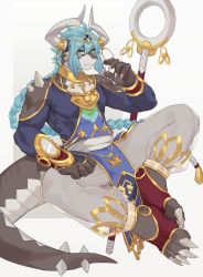 Rule 34 | 1boy, absurdres, baggy pants, blue eyes, blue hair, braid, braided ponytail, claws, closed mouth, colored skin, dark skin, dragon boy, dragon horns, dragon tail, full body, furry, furry male, hair between eyes, harem pants, headpiece, highres, horn ornament, horns, jewelry, kitai su, long hair, looking at viewer, male focus, multicolored eyes, neck ring, original, pants, pelvic curtain, red footwear, see-through, short eyebrows, sitting, solo, tail, toeless footwear, toned, toned male, very long hair, white background, white horns, white pants, white skin, yellow eyes