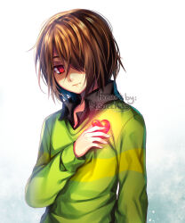 Rule 34 | 1other, androgynous, artist name, black collar, brown hair, collar, collared shirt, deltarune, green shirt, hair over one eye, heart, kris (deltarune), long sleeves, red eyes, sasucchi95, shaded face, shirt, short hair, striped clothes, striped shirt